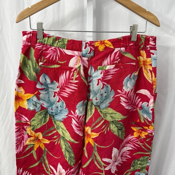 Chicos Design Linen Blend Crop Pants Red Floral Vintage Large - Picture 8 of 11